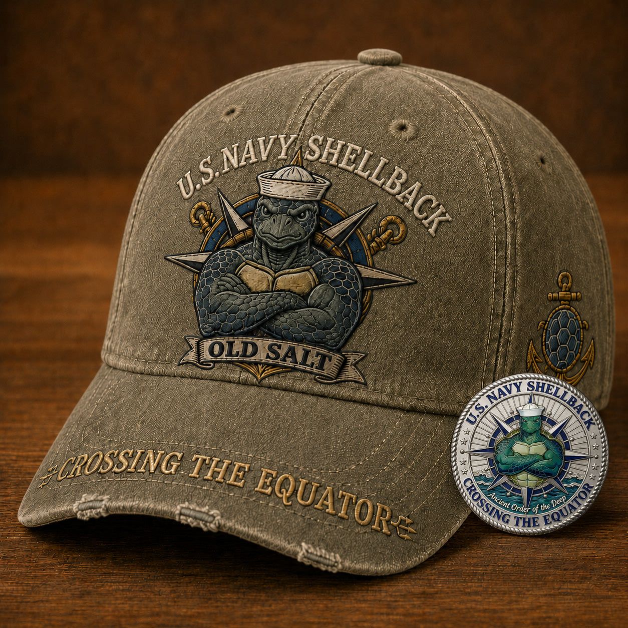 U.S. Navy Shellback Old Salt Cap 🎁 Free Double-Sided Honor Coin With Every Cap Purchase
