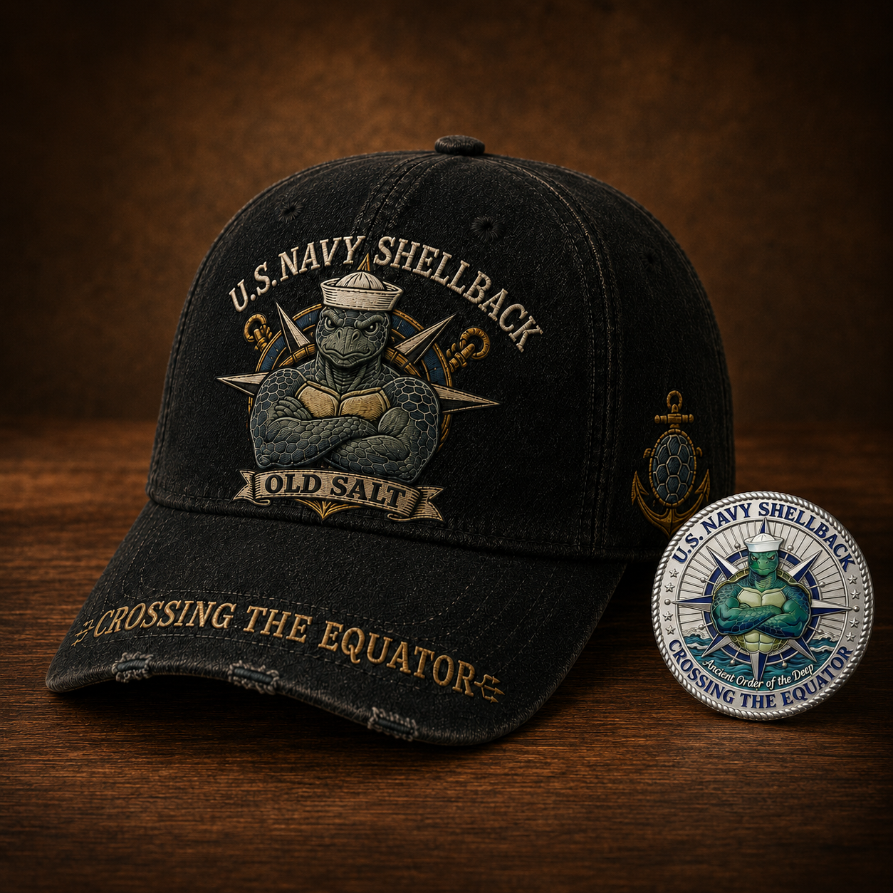 U.S. Navy Shellback Old Salt Cap 🎁 Free Double-Sided Honor Coin With Every Cap Purchase